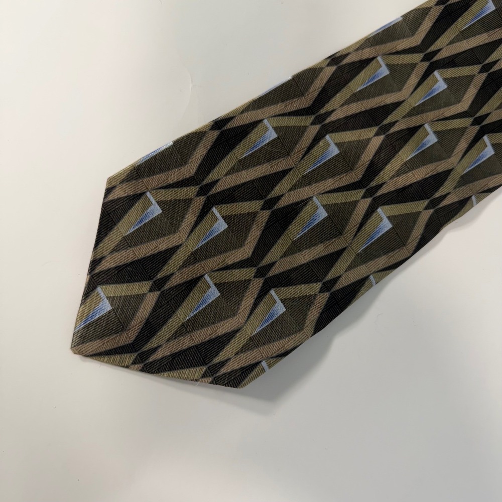 Dino Bassi Mens Silk Tie Geometric‎ Diamond Pattern Green Bronze Black Hand Made